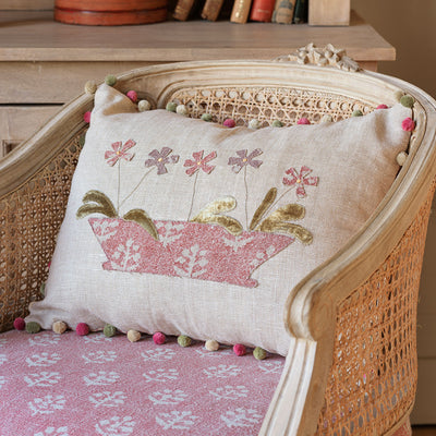 Flower Pot Rustic Linen Cushion