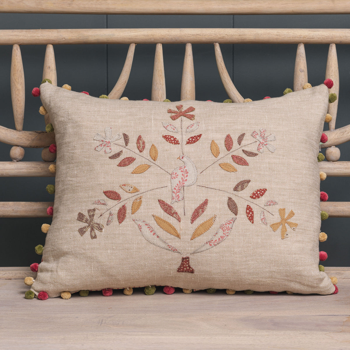 Saffron Freja Bird Tree Rustic Linen Cushion with Pompoms
