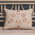 Saffron Freja Bird Tree Rustic Linen Cushion with Pompoms