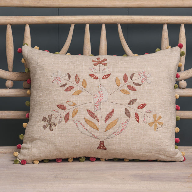 Saffron Freja Bird Tree Rustic Linen Cushion with Pompoms