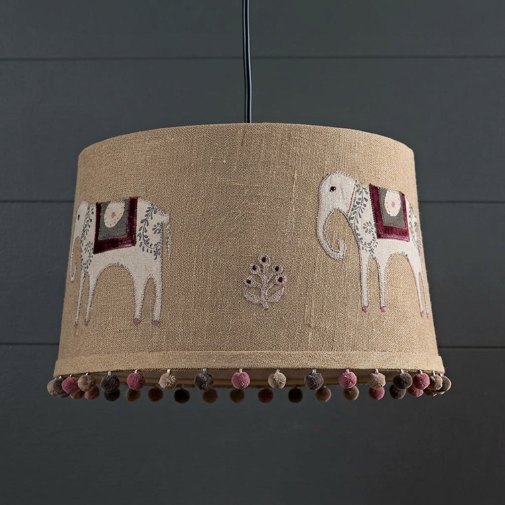 Slight Seconds - Embroidered  Saffron Linen 16" Pendant Lampshade with Pom Poms