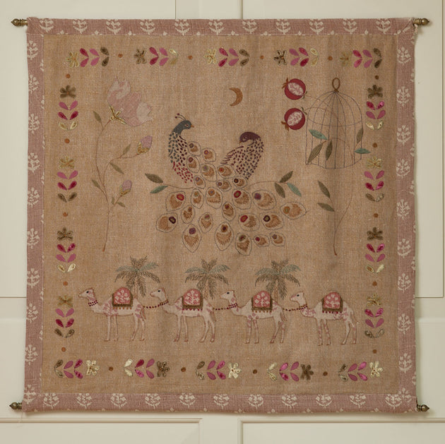 Sale - Embroidered Wallhanging - Golden Peacocks (Dark Linen Saffron)