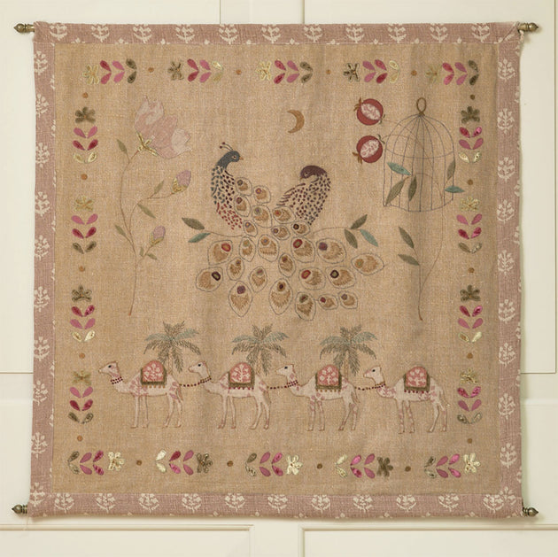 Sale - Embroidered Wallhanging Golden Peacocks - Saffron Linen