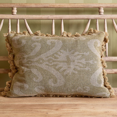 Green Gold Sacha Rustic Linen Cushion with Tassels