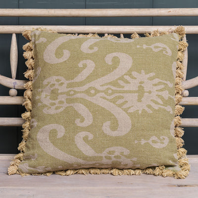 Green Gold Sacha Rustic Linen Cushion with Tassels