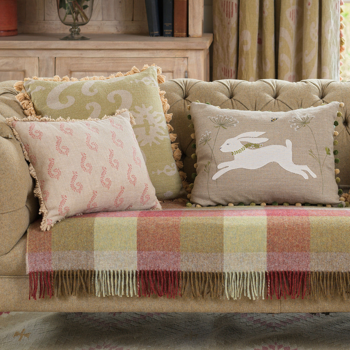 Green Gold Sacha Rustic Linen Cushion with Tassels