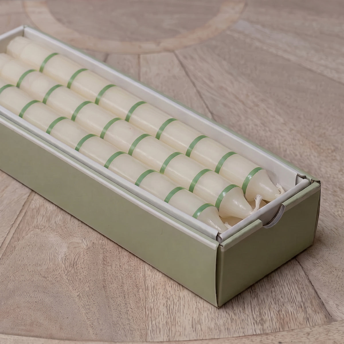 Green thin stripe hand-painted candles boxed