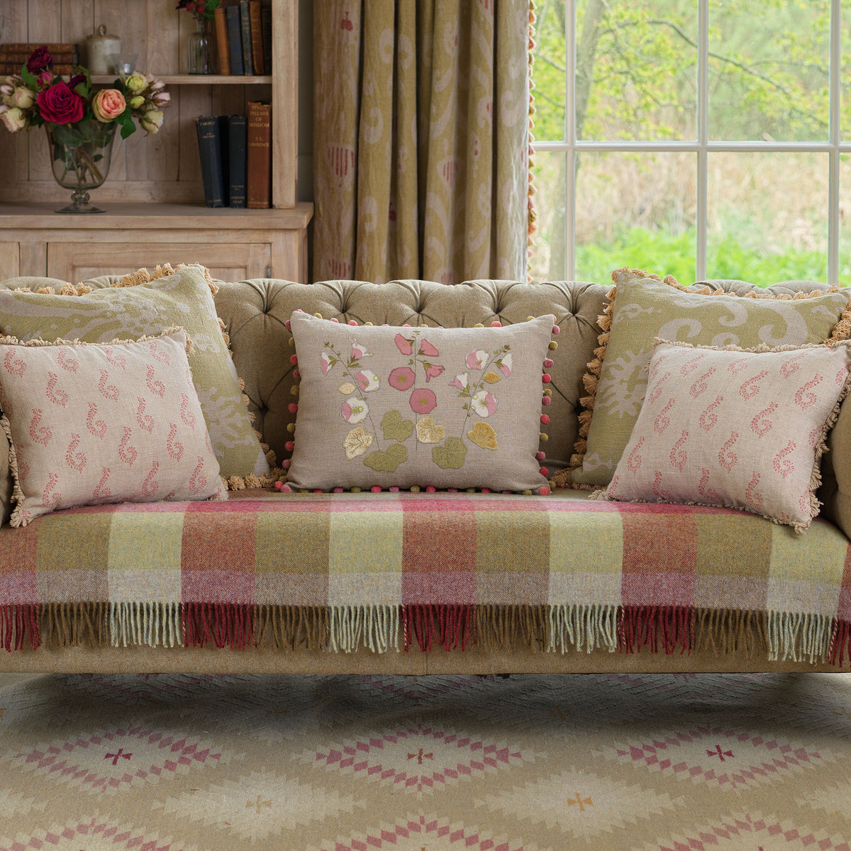 Hollyhocks Embroidered Linen Cushion in Bloomsbury &amp; Silk