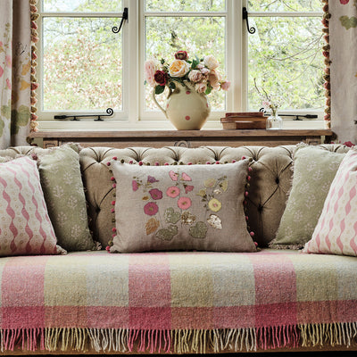 Hollyhocks Embroidered Linen Cushion in Velvet &amp; Silk