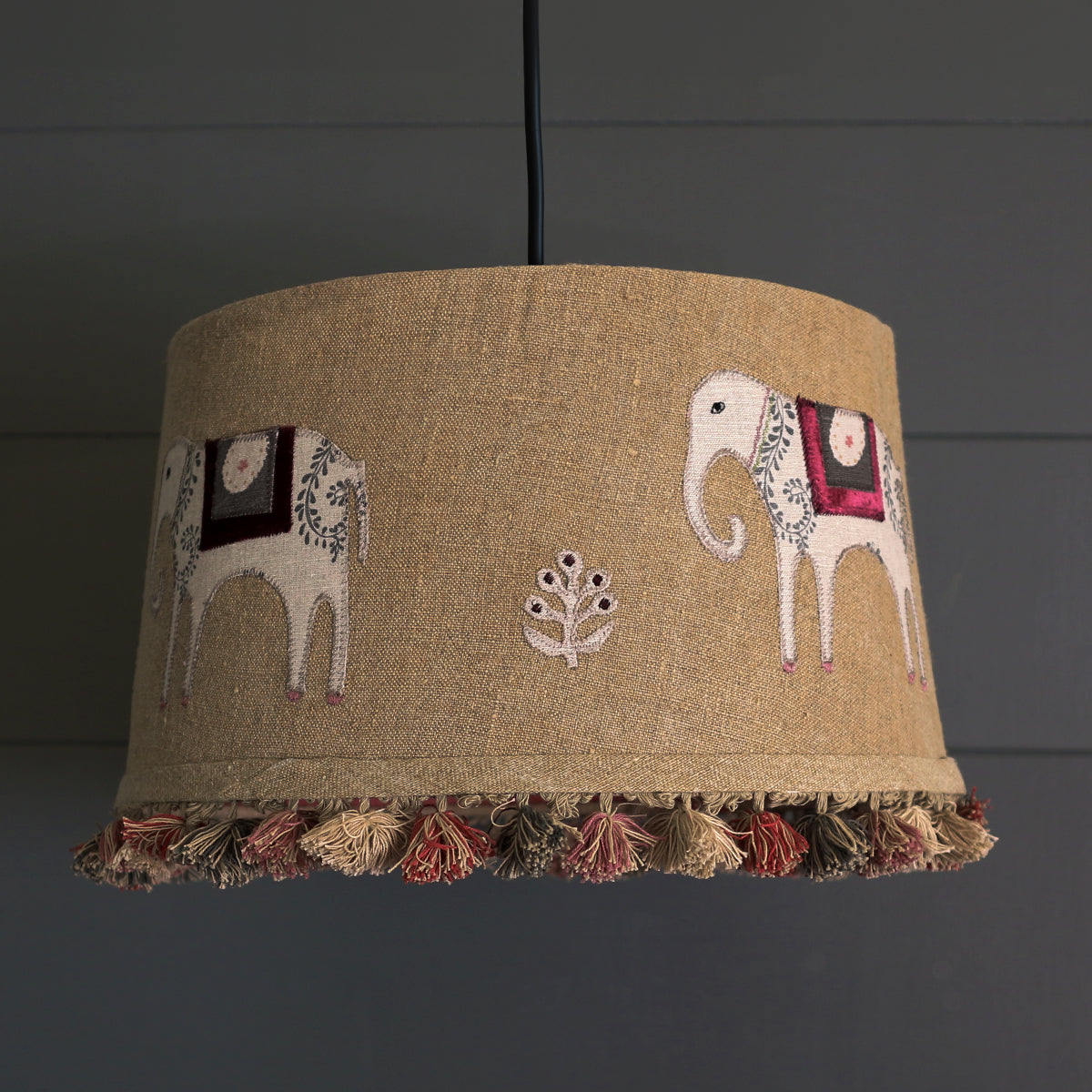Embroidered Saffron Linen Pendant Lampshade with Tassels
