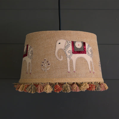 Embroidered Saffron Linen 14&quot; Pendant Lampshade with Tassels