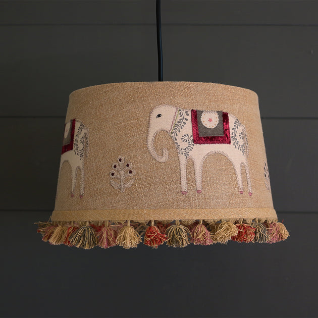 Embroidered Saffron Linen 14" Pendant Lampshade with Tassels