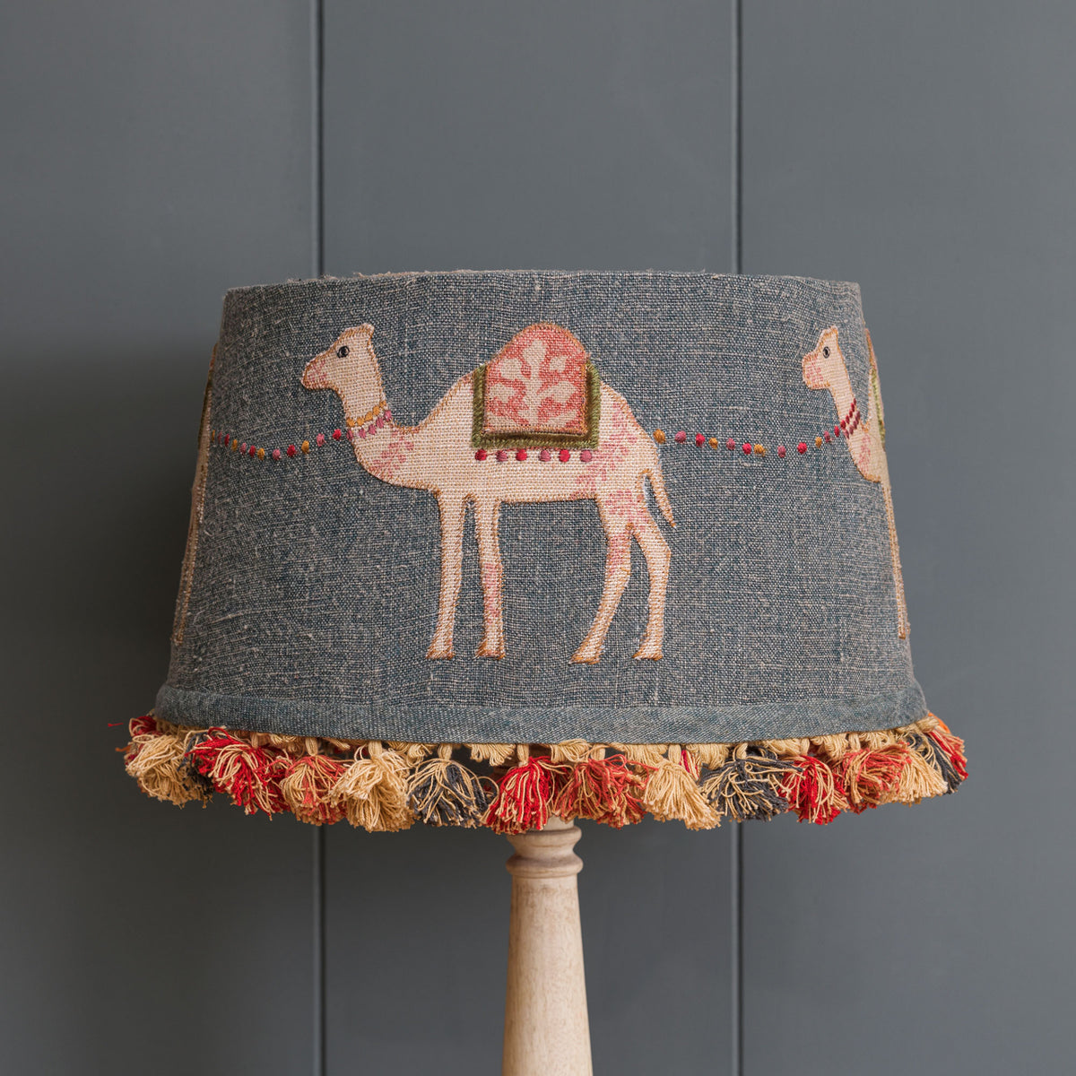 Embroidered Indigo Camels Lampshade with Tassels 14"