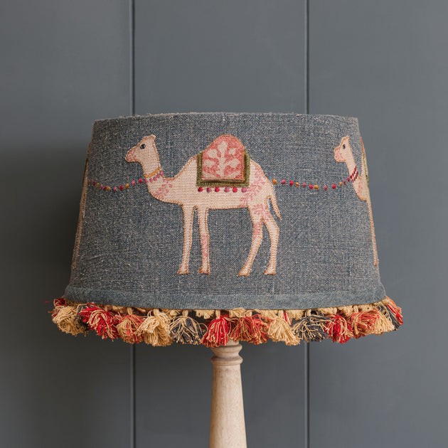 Embroidered Indigo Camels Lampshade with Tassels 14"