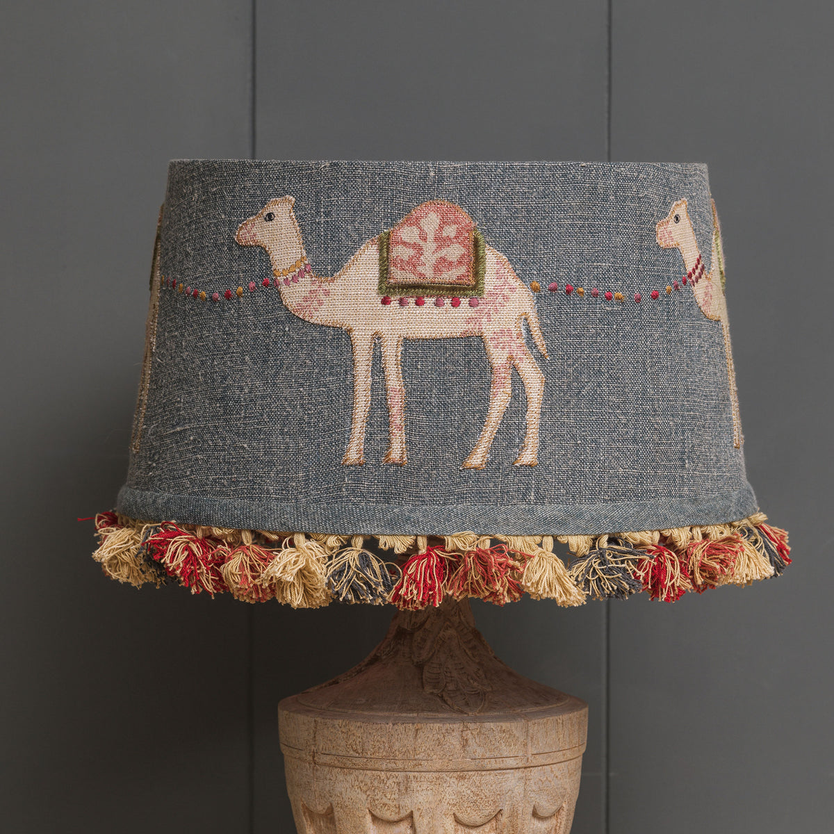 Embroidered Indigo Camels Lampshade with Tassels 14"