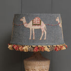 Embroidered Indigo Camels Lampshade with Tassels 14"