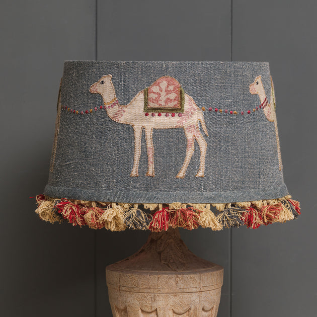 Embroidered Indigo Camels Lampshade with Tassels 14"