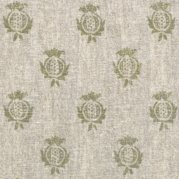 Hand-printed Olive Pomegranate Rustic Linen 3m (stonewashed) panel - 356G