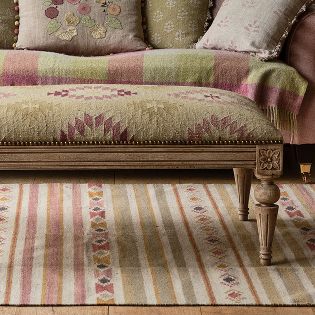 Carved Square Kilim Footstool - Olive Shimla