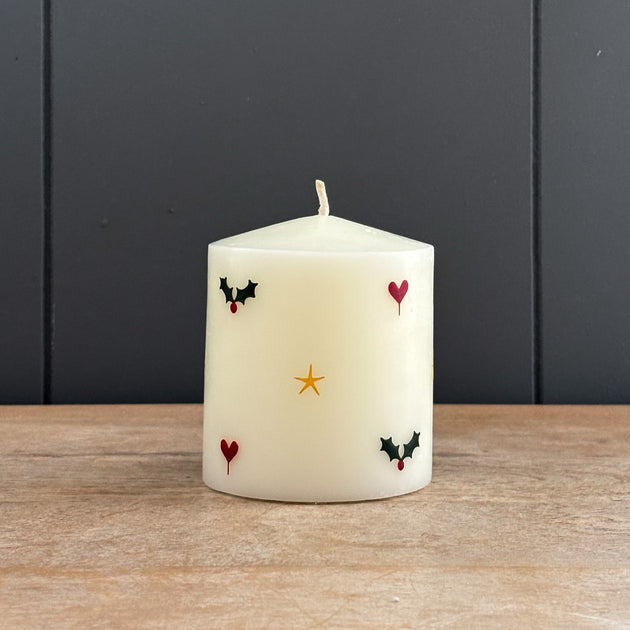 Hand-painted Holly Scented Pillar Candle 3"