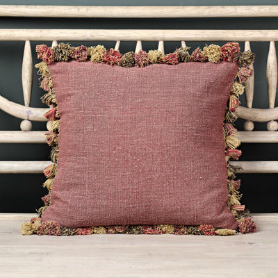 Large Red Earth Rustic Linen Cushion with Tassels