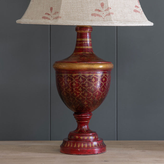 Sikar Carved Lamp Base - Hand Painted in Indian Red & Gold