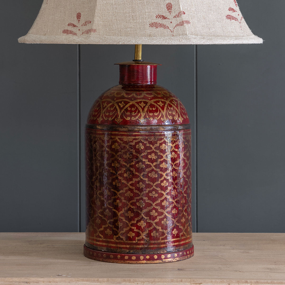 Hand Painted Indian Red &amp; Gold Tea Caddy Lamp Base