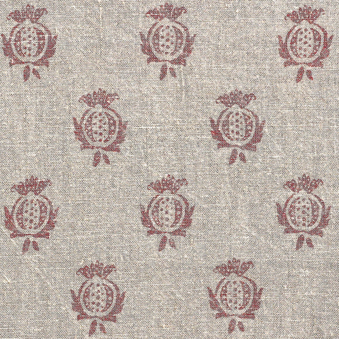 Hand-printed red pomegranate motifs on stonewashed rustic linen