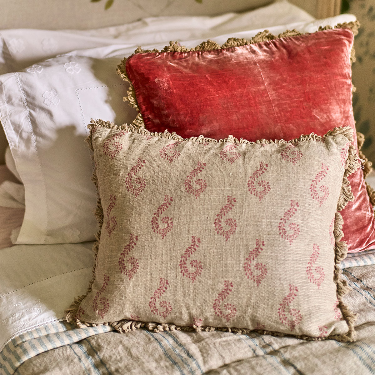 Red Shalini Rustic Linen Cushion | Susie Watson Designs