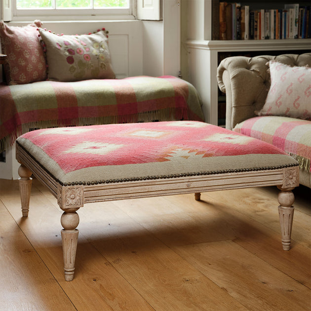 Carved Square Kilim Footstool - Red Shimla