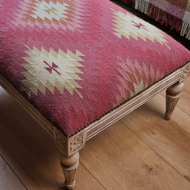 Carved Rectangular Kilim Footstool - Red Shimla