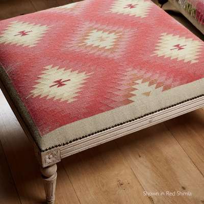 Carved Square Kilim Footstool - Red Shimla