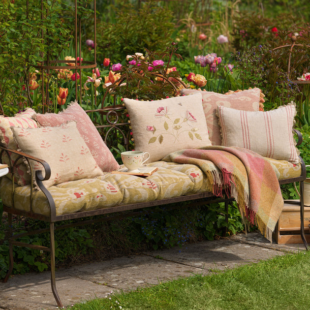 Embroidered Rosa Mundi Rustic Linen Cushion