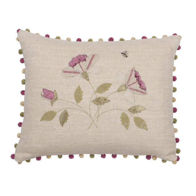 Embroidered Rosa Mundi Rustic Linen Cushion