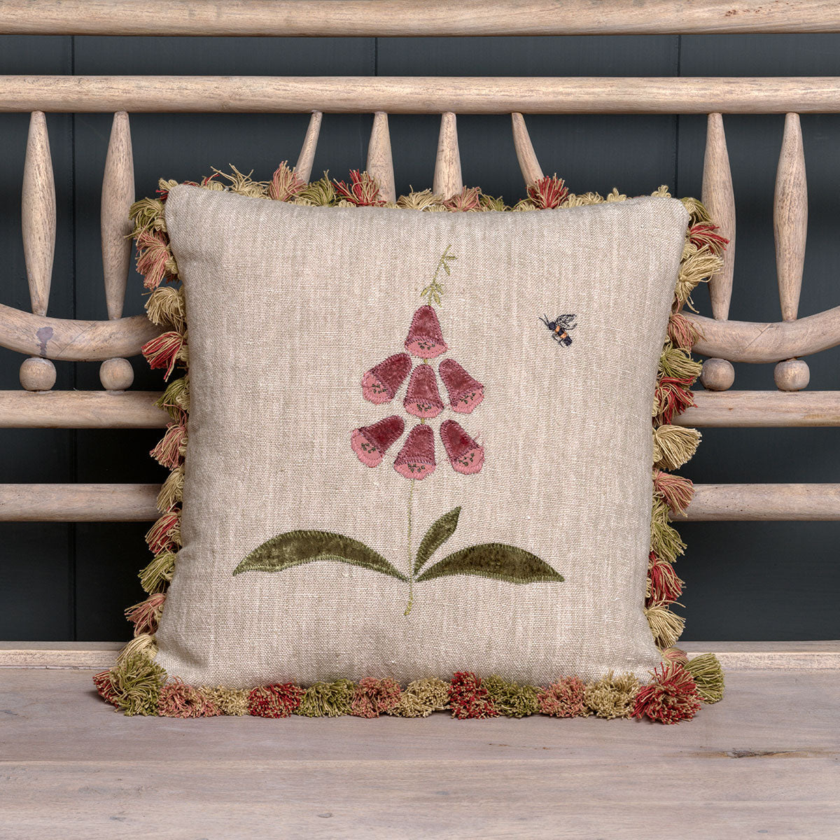 Rose Foxglove Rustic Linen Cushion with Tassels