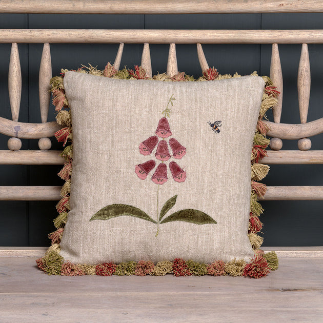 Rose Foxglove Rustic Linen Cushion with Tassels
