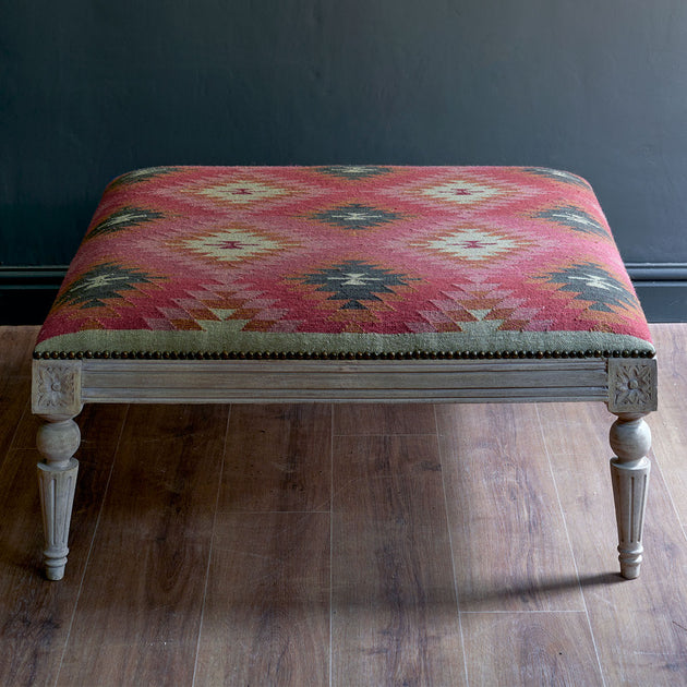 Carved Square Kilim Footstool - Rose Ragini