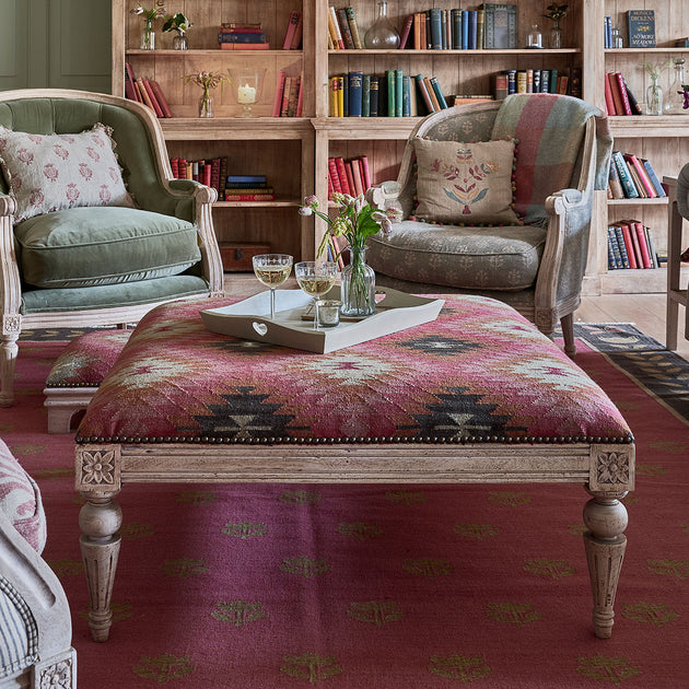 Carved Square Kilim Footstool - Rose Ragini