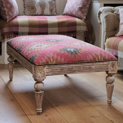 Carved Rectangular Kilim Footstool - Rose Charcoal Ragini