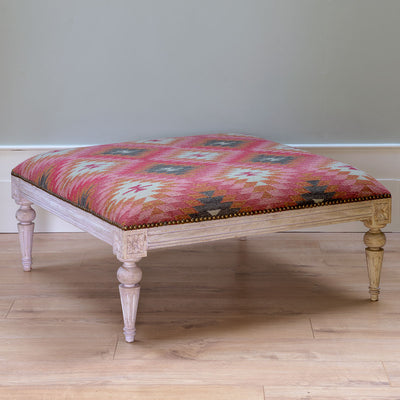 Carved Square Kilim Footstool - Rose Charcoal Ragini