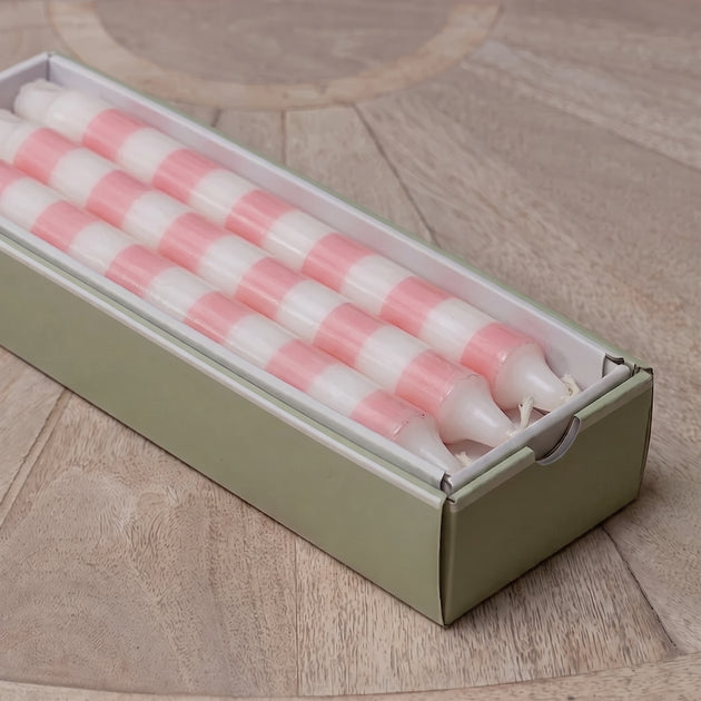 Rose thick stripe candles presented in their green gift box