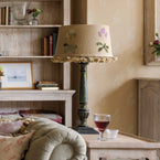 Embroidered Saffron Linen Auriculas Lampshade with Tassels