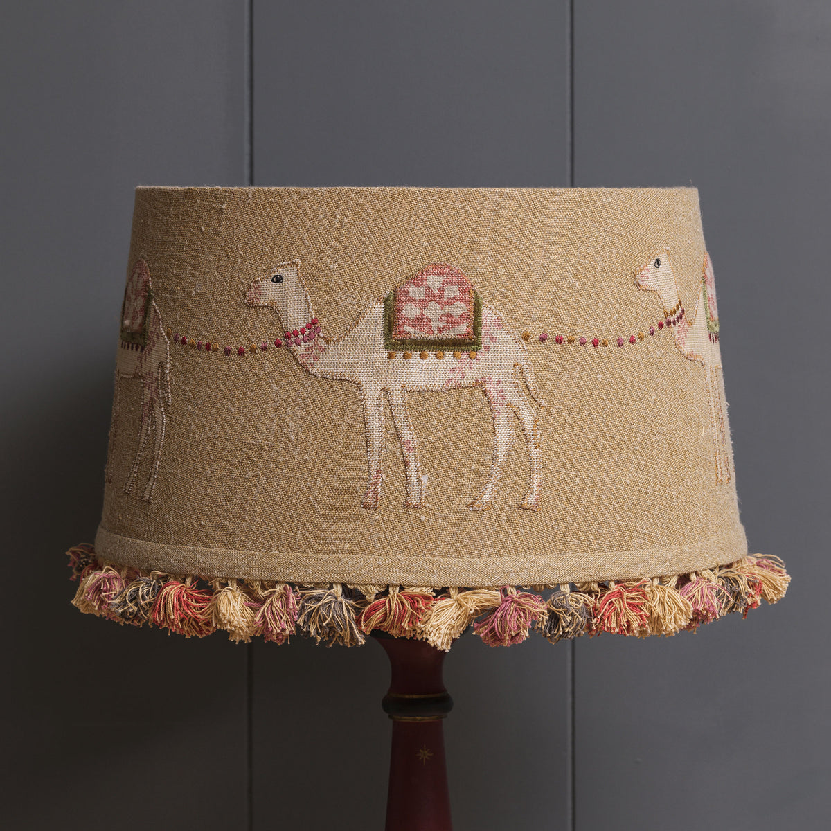 Embroidered Saffron Camels Lampshade with Tassels 14"