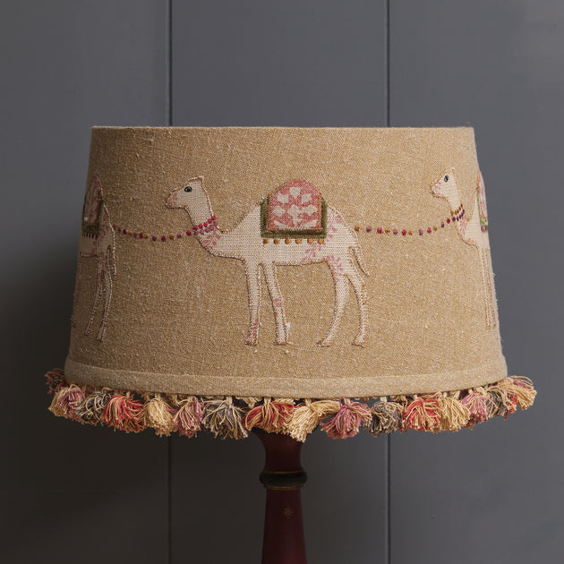 Embroidered Saffron Camels Lampshade with Tassels 14"
