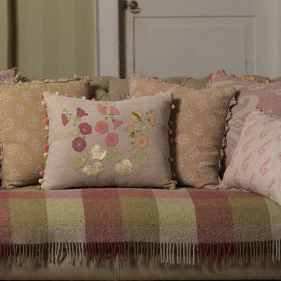 Hollyhocks Embroidered Linen Cushion