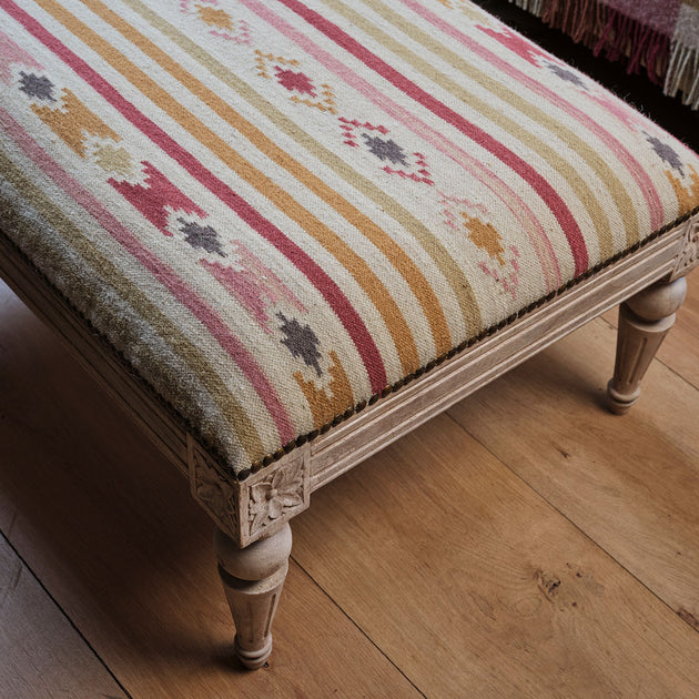 Carved Rectangular Kilim Footstool - Saffron Olive Stripe