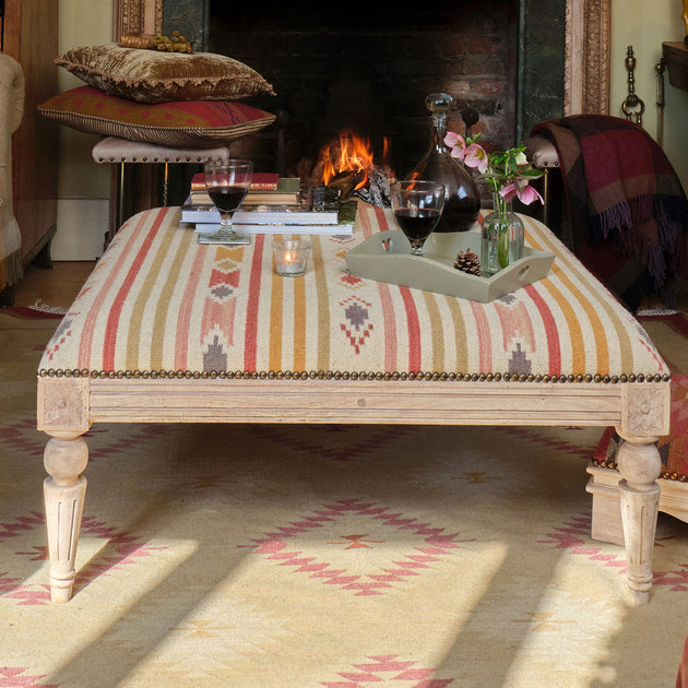 Carved Square Kilim Footstool - Saffron Olive Stripe