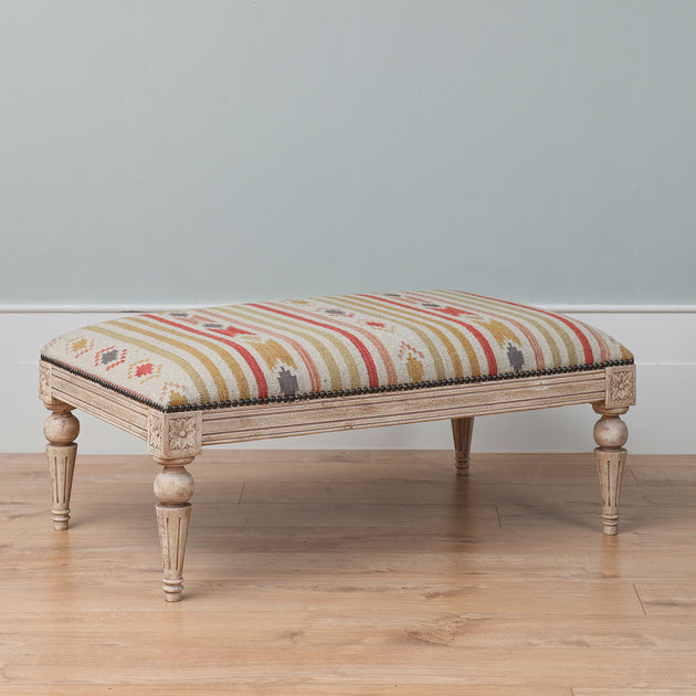 Carved Rectangular Kilim Footstool