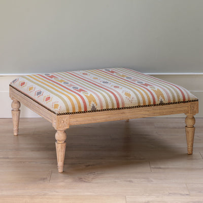 Carved Square Kilim Footstool - Saffron Olive Stripe