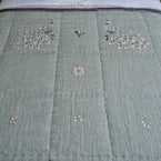 Azure Blue Embroidered Peacocks Linen Quilt - King Size